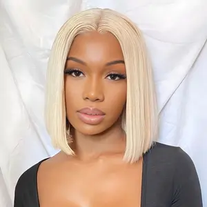 613 Blonde Bob Wig Human Hair Short Wigs Human Hair 10 Inch 613 Lace Front Wig 180% Density Pre Plucked 13x4 HD Transparent Lace Frontal Wigs For Women For Party And Daily Use