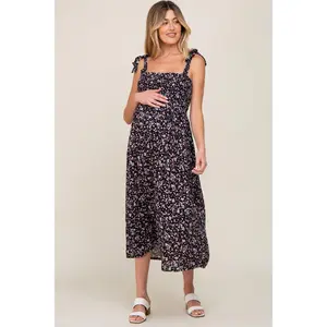 Black Micro Floral Smocked Maternity Dress