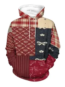 Men's hoodie, one-piece American retro patchwork hoodie, red plaid bow print loose pullover