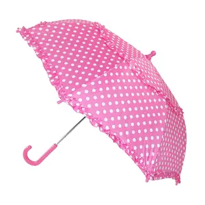 iRain Kids' Hook-Handle Ruffled Polka Dot Print Umbrella - Plastic Cover Stick Umbrella for Kids