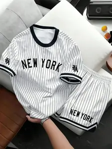 Men's Retro New York Pinstripe Baseball Short Set, 2026 New Vintage Sporty Two Piece Outfit, Oversized Casual T-Shirt & Drawstring Shorts Tracksuit for Summer Daily Wear, Gym Workout, Beach Vacation, Streetwear & College Campus