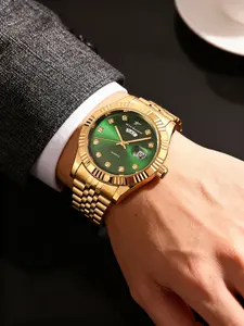 RICECGO 1pc Quartz Analog Watch, Business Fashion Watch, has a dual calendar display, a 42MM dial adorned with diamonds, and a textured metal strap for a comfortable fit. Its minimalist design suits multiple occasions, making it the birthday gift choice