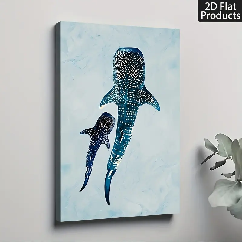 2D Flat Single Wrapped Solid Wood Frame, Exquisite Poster. 2D Flat Printing, Whale Shark Mother and Baby Whale Shark Women's Day Mother's Day Canvas Poster Art Mural, Bedroom, Office, Living Room, Cafe, Bar, Wall Decoration, Home and Dormitory Decoration