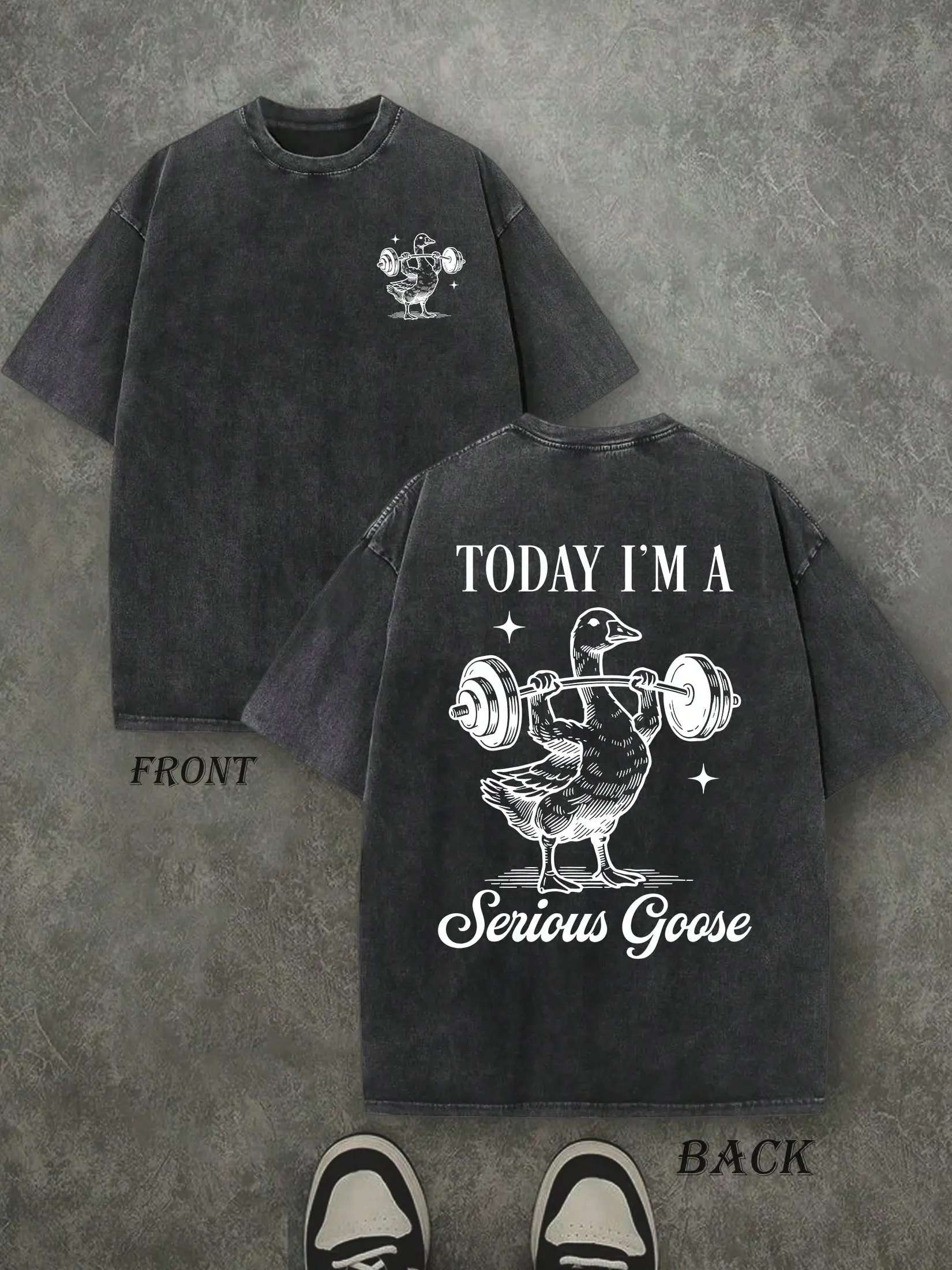 Vintage Today I'm A Serious Goose Weightlifting Goose Funny Gym Meme T-Shirt, Washed Black Cotton Oversized Short Sleeve Tee, Front Back Sketch Animal Workout Casual Crewneck Shirt