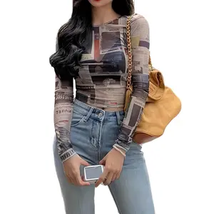 Niche Design Newspaper Print Slim Fit Long Sleeve Crop Top Mesh Blouse Navel-Baring Short T-Shirt Eye-Catching Personality Super Cool with Jeans A Must-Have For Street Hotties Comfy Chic Edgy Style Womenswear