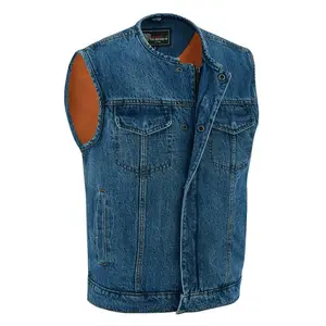 Classic Biker Men's Blue Denim Collarless Club Vest