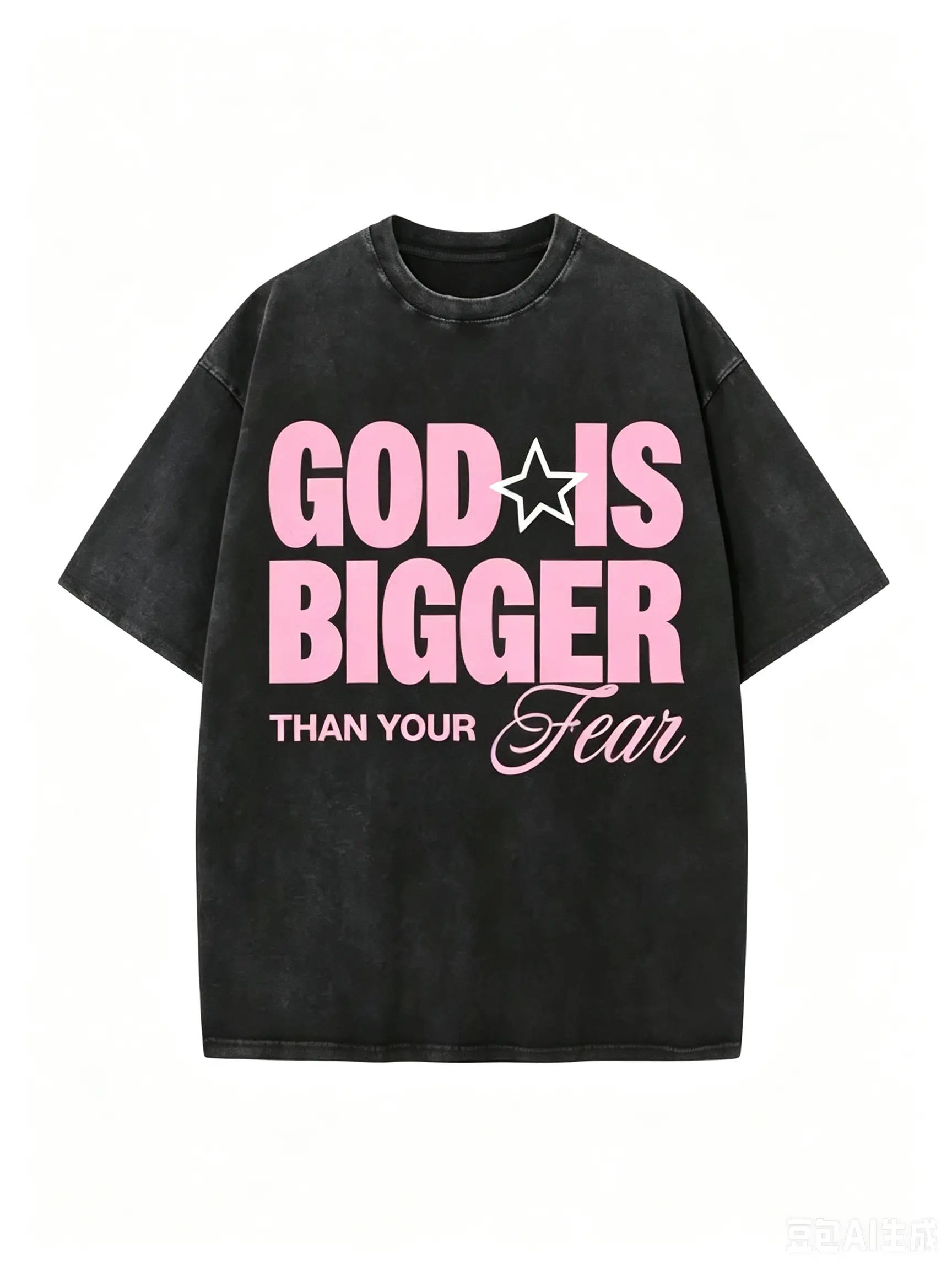 Vintage Acid Wash T-Shirt, Unisex Oversized Distressed Cotton Top with Retro Faith Graphic, Breathable Shortsleeve Streetwear, Casual, Fabric, Loose, Menswear, Ribbed, Round Neck, Heavyweight