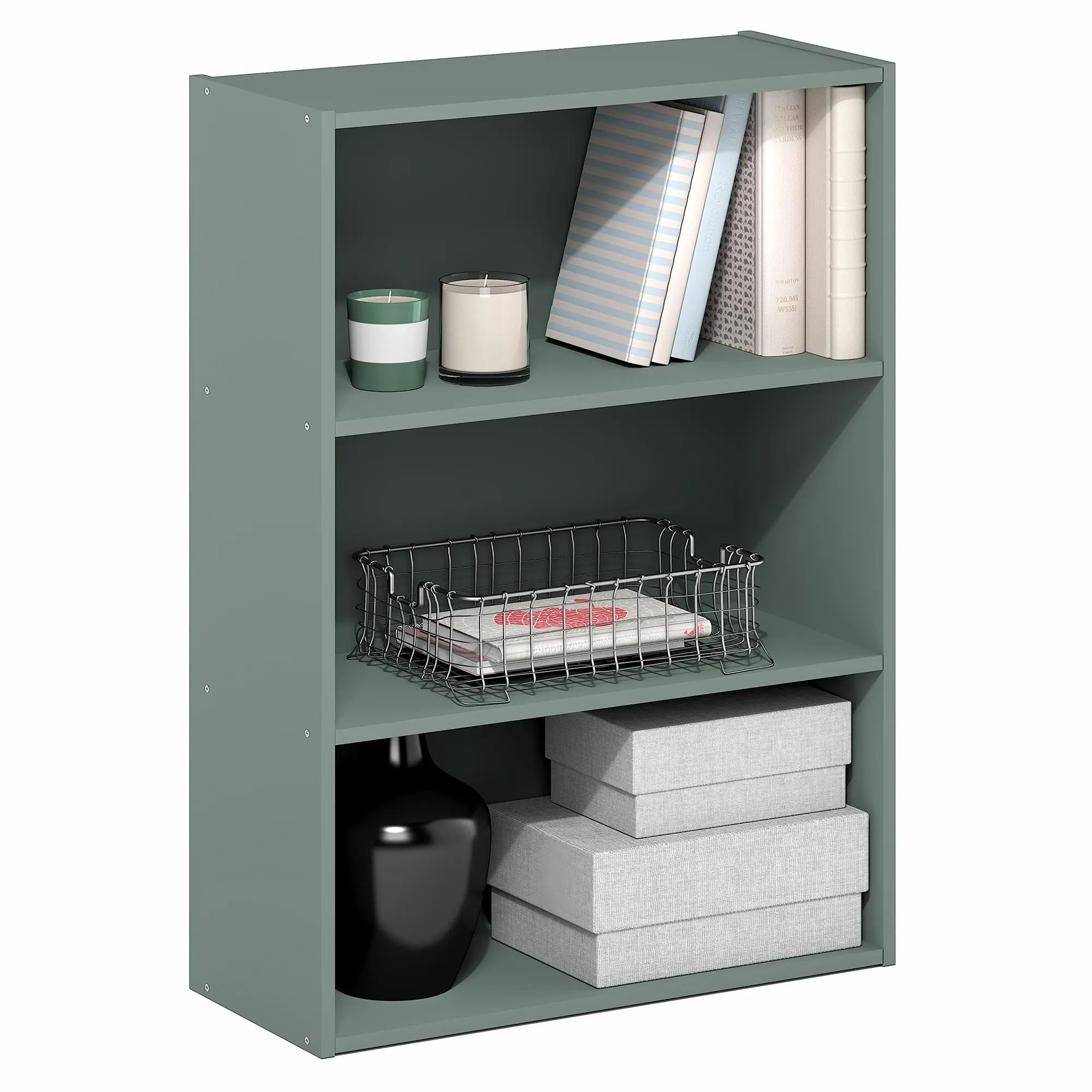 Contemporary Sage Green Freestanding 3-Tier Composite Wood Bookshelf, Slim Profile Shelves, 9.7x23.7x31.5in & 11.6(d)x24.5(w)x36.1(h)in, 18kg Capacity & 10 lb per Shelf, Anti-Tip Kit Included, Storage Racks for Living Room, Home Office, Bedroom, Bookshelf