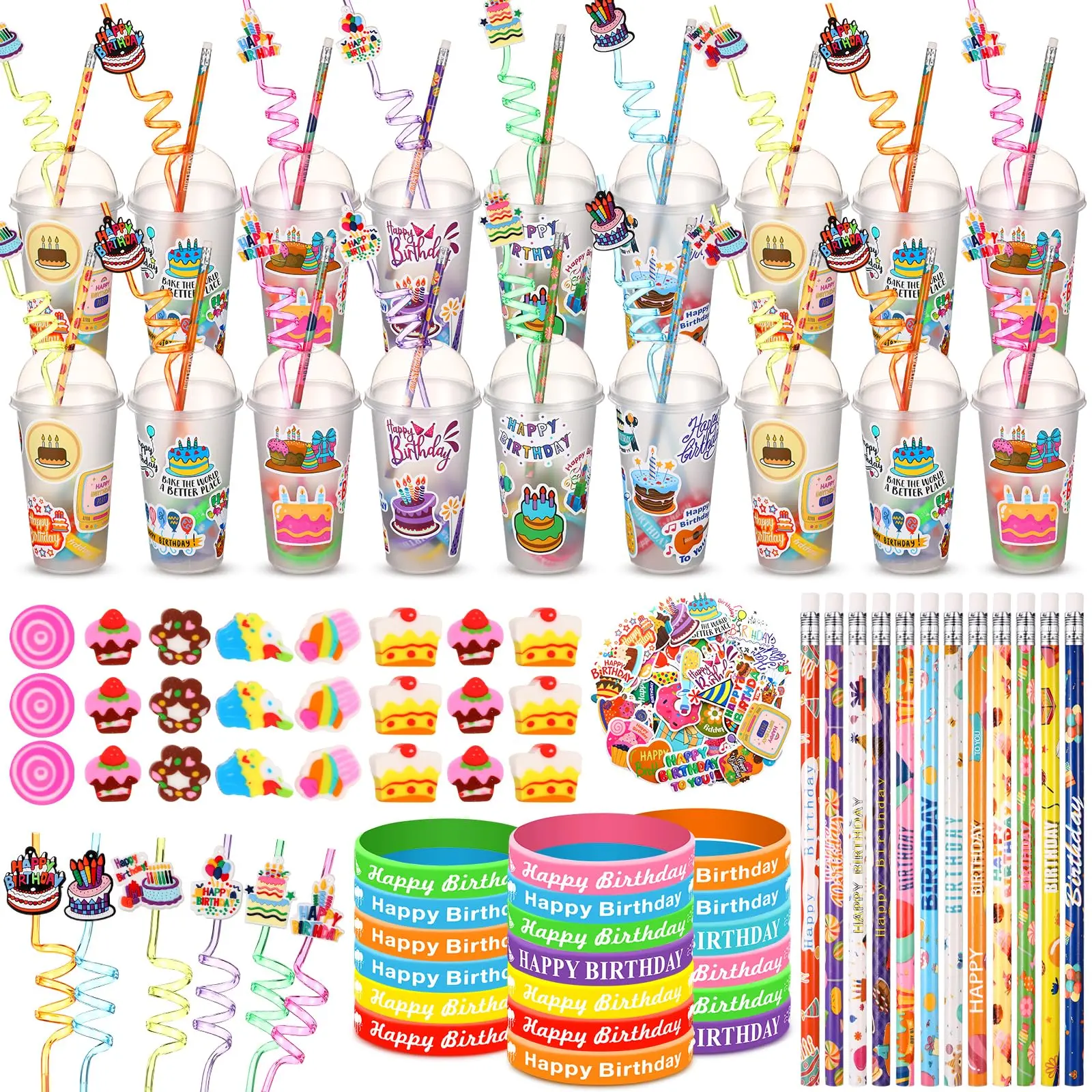 16/24 Sets Classroom Birthday Gifts for Students Birthday Party Favors Set from Teacher Include Cups with Dome Lids Straw Decoration Pencil Eraser Silicone Bracelet Stickers for Class Boys Girls B-Day Surprise Back to School Gifts Ideas Goodie Bags