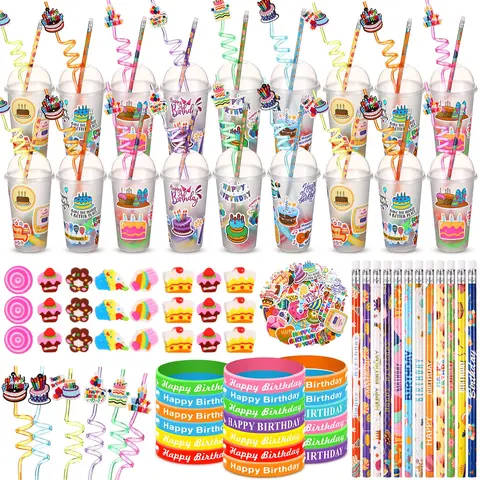 16/24 Set Classroom Birthday Party Favor Sets for Students, Teacher-Gifted Goodie Bags with 24 Pieces 17oz/500ml Plastic Cups (Dome Lids, Straws), Decorations, Pencils, Erasers, Silicone Bracelets, Stickers for Back to School Surprises