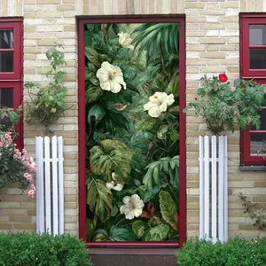 2pcs Tropical Rainforest Theme Door Sticker Large Size Self Adhesive Wall Decal Living Room Bedroom Green Plant Flower Pattern Removable Waterproof PVC Material Home Wall Decor Mural Tropical Style Pla