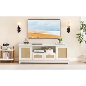 Rattan TV Stand, Modern Entertainment Center for 65/70 Inch TV, White Media Center with 2 Drawers and 2 Cabinets with Adjustable Shelf, TV Media Console Cabinet for Living Room