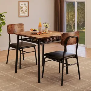 3-Piece Square Dinette Set for Two, Metal Frame Small Kitchen Table with Built-In Storage Rack and 2 Soft Upholstered Chairs, Space-Saving Furniture Perfect for Small Spaces and Apartments