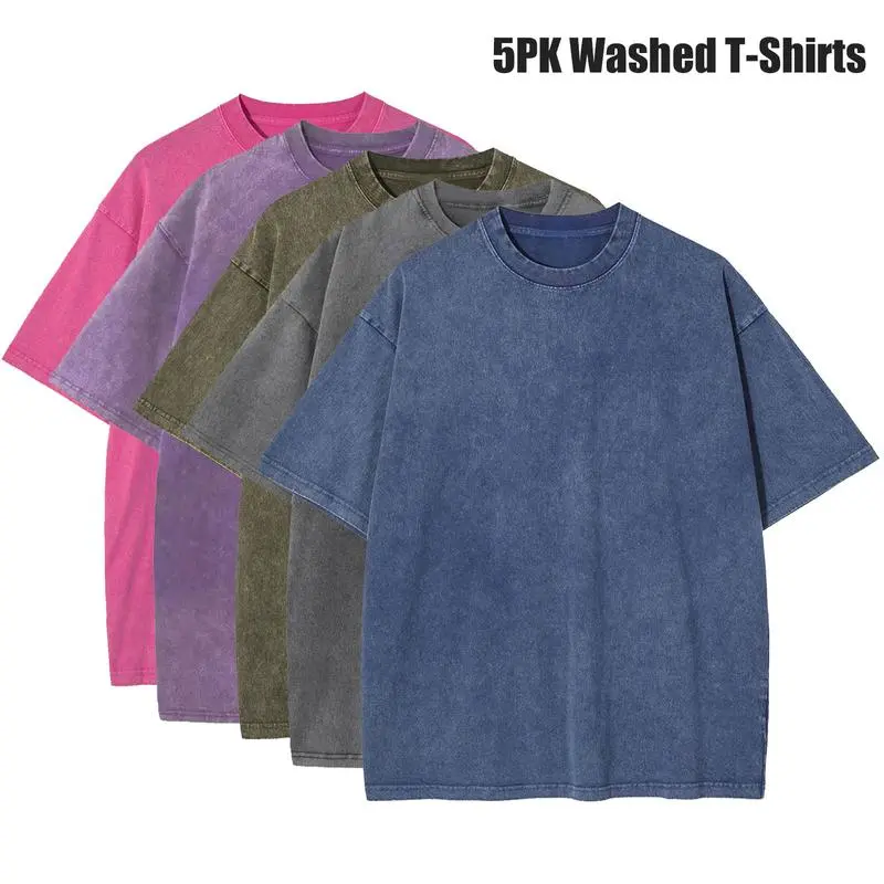 5 Pack Oversized Tshirts for Men Gym Vintage Heavyweight T Shirts Workout Acid Wash Baggy Tees