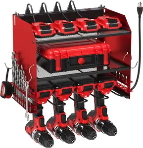 Power Tool Organizer Wall Mount with  Station, 4 Drill Holder Built in 8 Outlet Power Strip, Tools and  Storage Rack, for Tool Room, Garage Organization, Workshop