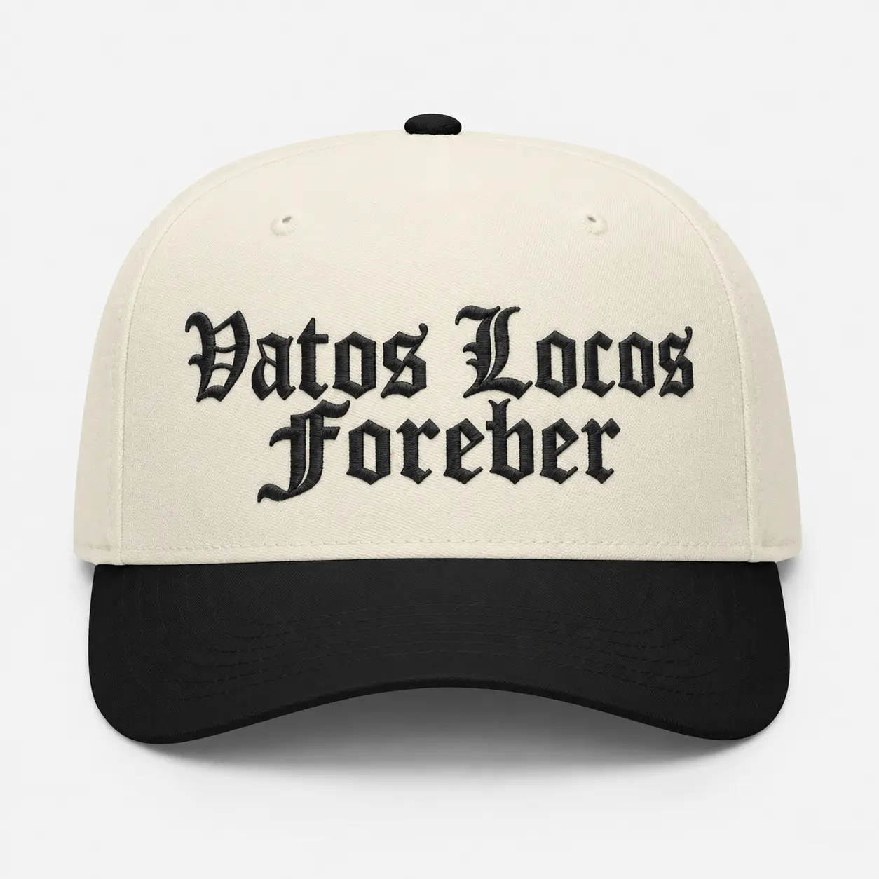 Vatos Locos Forever Embroidered Hat, Chicano Brotherhood Gothic Letter Cap, Cream and Black Streetwear Baseball Hat, Latino Culture Gift for Men