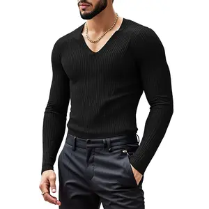 INCERUN Men's Ribbed Knitwear Slim Fit Longsleeves T-shirt - Classic Basic Notched V-Neck, Geometric Elevated Knitted Pullover, for Casual & Office Wear (Black)