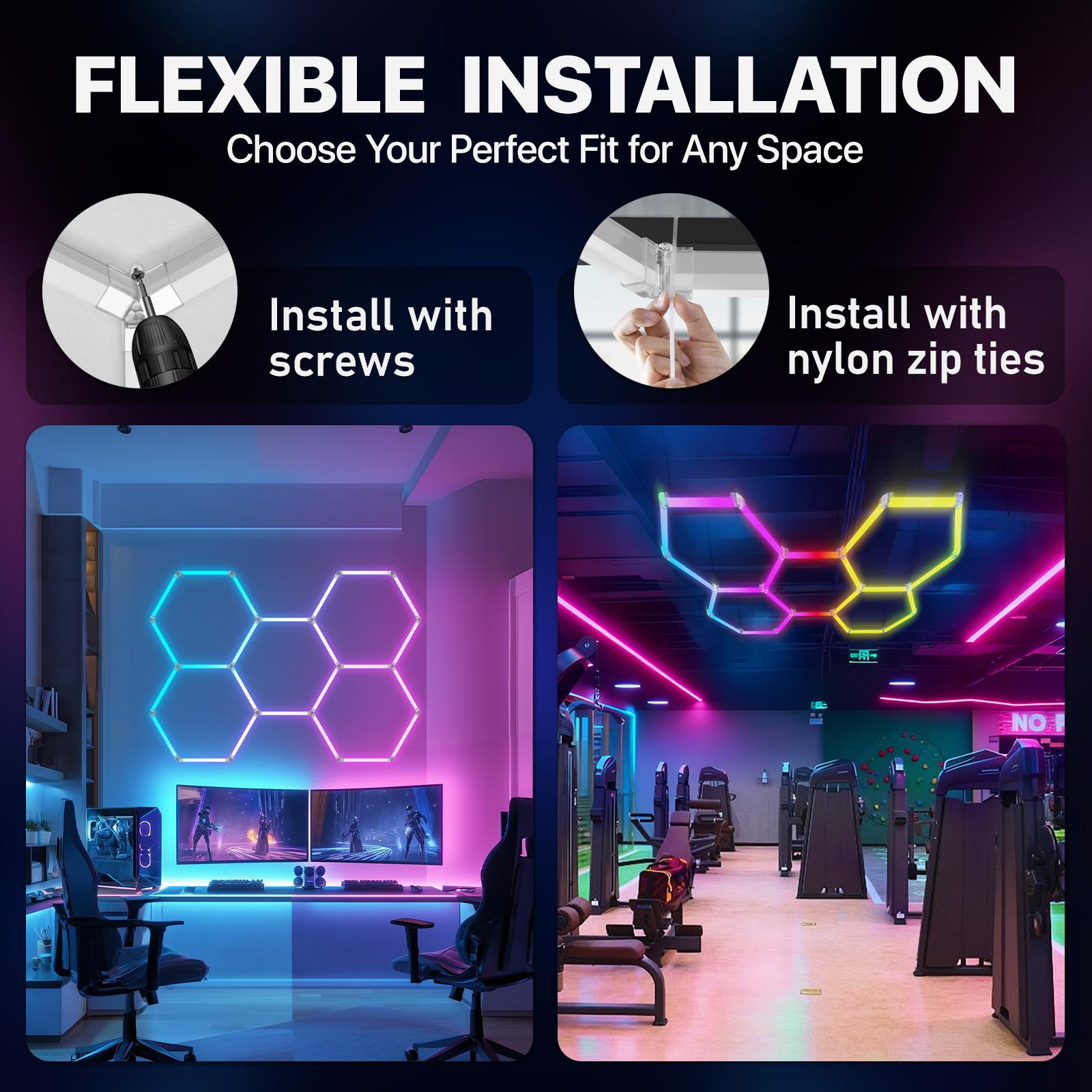 HYPERLITE RGB Hexagonal Honeycomb Light, Modular Garage Light System, Smart LED Hexagon Garage Lights for Ceiling or Wall, DIY Color Lighting Panels Music Sync, Remote Control, Decorative Honeycomb Light Garage, Gaming Room, Party memorialday