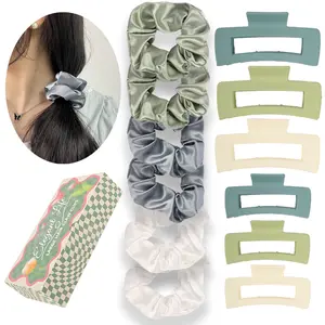 12Pcs Gift Box - Square Half-Cover Claw Clips & Satin Scrunchies Set, Large Trendy Hair Clips Scrunchies Hair Styling Tools for Daily/Party/Birthday Gifts