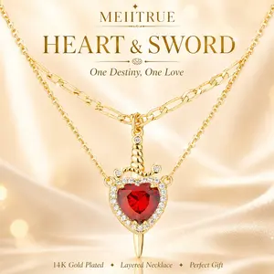MEIITRUE 14K Gold Plated Heart Pendant Necklaces for Women Men, Zirconia Dagger Cross Pendant Necklace, Elegant Jewelry Gift for Couples,Mother's Day Gift