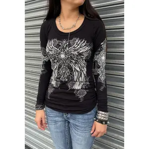 Y2K McBling Wing & Rose Graphic Rhinestone Print Side Shirred Long Sleeve T-Shirt