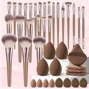 41Pcs Professional Makeup Tools Set, Brown Cosmetic Brush Kit, 25Pcs Premium Synthetic Makeup Brush Set with Large & Mini Sponges, Triangle puff, Mini Makeup Puff, Makeup Tools Accessories for Women