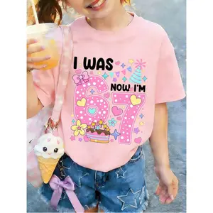 Tween Girl "I WAS 6, NOW I'M 7" Creative 6-7 Birthday Element Print, Suitable For Birthday Gift , Activity Wear, Daily Wear, Birthday Party , Ideal Gift For Girl's Birthday Celebration, Fashionable Summer Top For Tween Girl