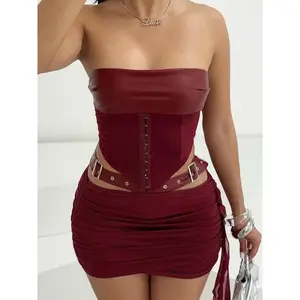 Two-piece Set Women's Solid Color Lace Up Tube Top & Grommet Eyelet Decor Skirt, Fashion Casual Strapless Top & Ruched Skirt for Party Club Dating, Ladies Summer Clothes