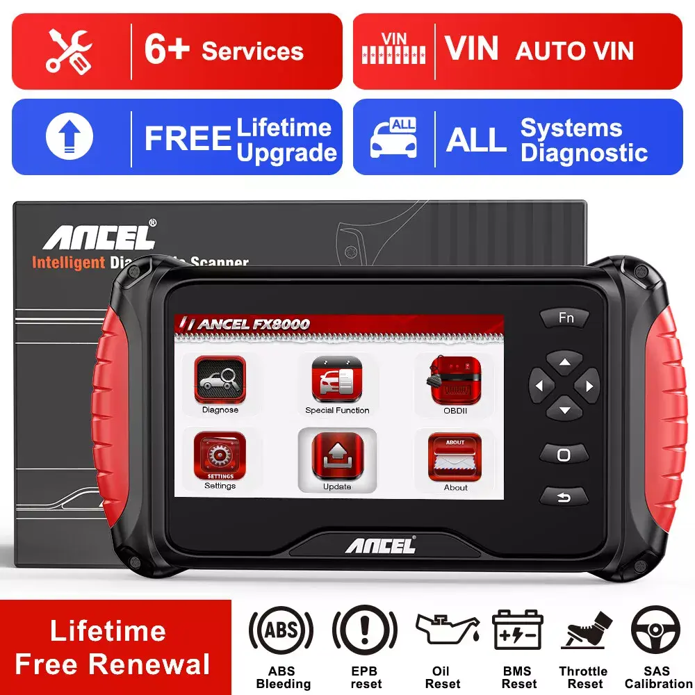 ANCEL FX8000 Automotive OBD2 Scanner, All System Car Diagnostic Scan Tool with 6 Reset Service, BMS EPB SAS Oil Reset Throttle Adaptation, Check Engine Code Reader, OBD2 Functions, Lifetime Free Updates