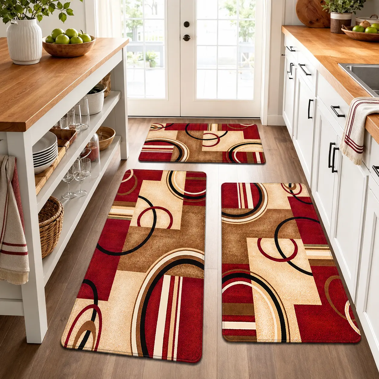 3pcs Contemporary Red Geometric Long Strip Rugs - Modern Abstract Rug, Fashionable Simple Design, Suitable for Kitchen, Bathroom Doorway, Home Decor Ideas, Abstract Runner Rug, Geometric Area Rugs