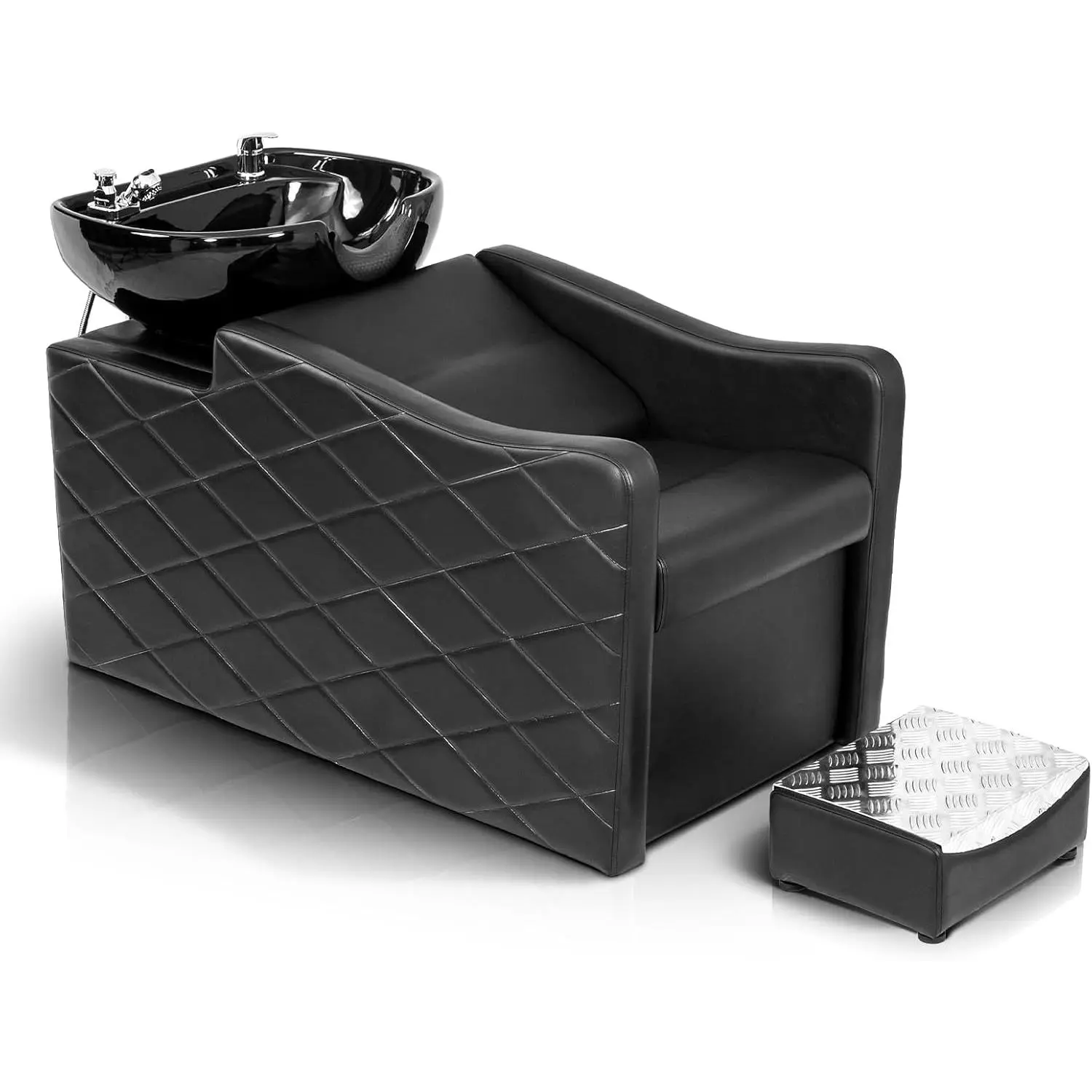 OmySalon Sturdy Sit-Down Barber Chair & Shampoo Bowl Set, Commercial Salon Furniture Hair Washing Station with Ceramic Sink, UPC-Certified Vacuum Breaker, PU Leather, Adjustable Neck Rest, Drain Pipe for Barbershop, Footrest, Single Seat, 17.7" Depth, Mod