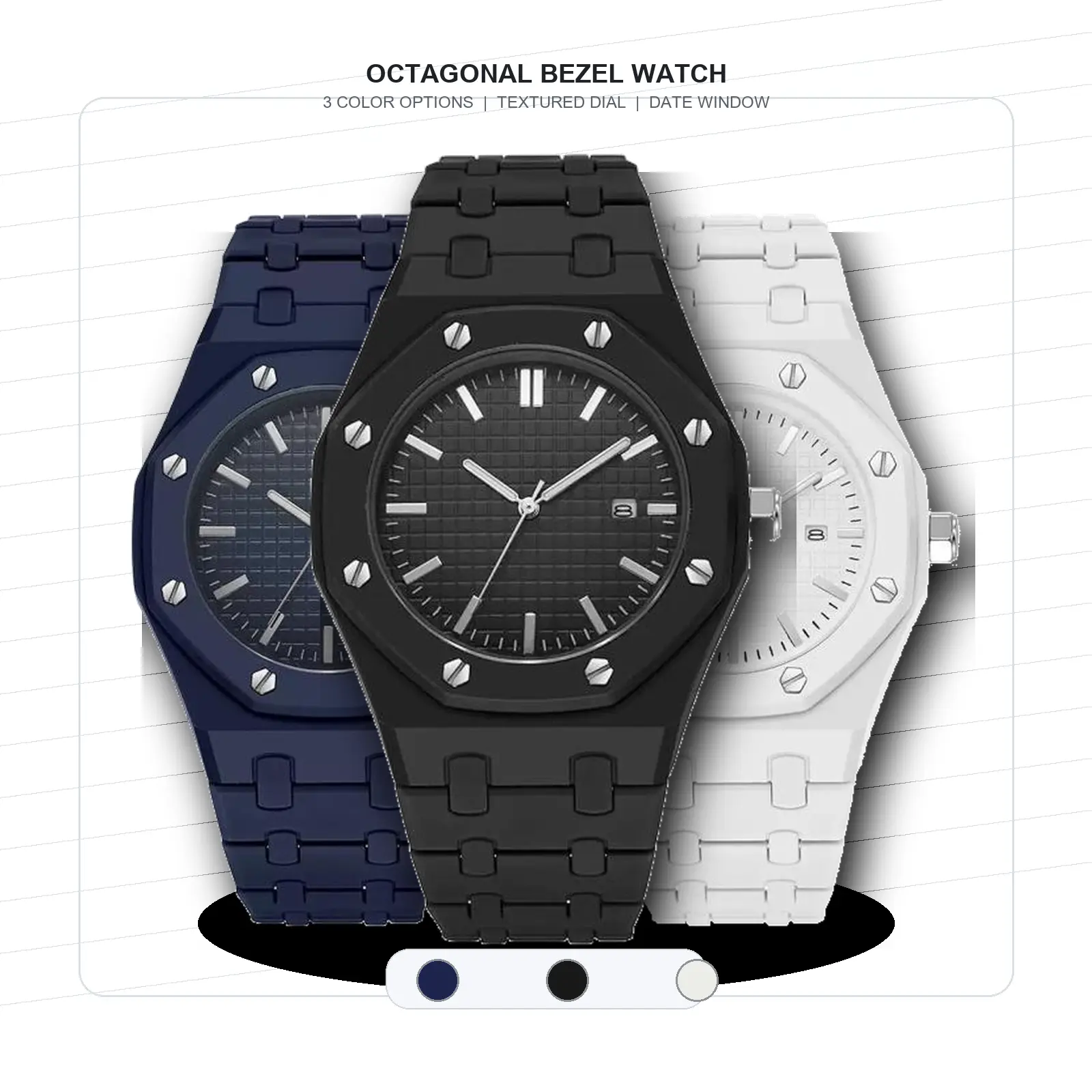 Octagonal Watch for Men and Women, Sport Style Wristwatch with Textured Dial, Date Window, Linked Bracelet Look, Blue Black White Options