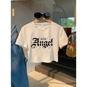 Womens Cotton Cropped Graphic Tee Angel Gothic Letter Print Short Sleeve Crew Neck Cute Streetwear Top For Summer Outfit Y2k Festival Going Out