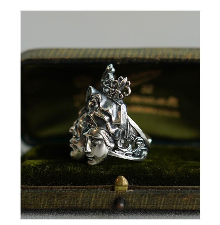 Vintage Gothic Dual Face Crown Open Ring Human Duality Aesthetic Silver Jewelry
