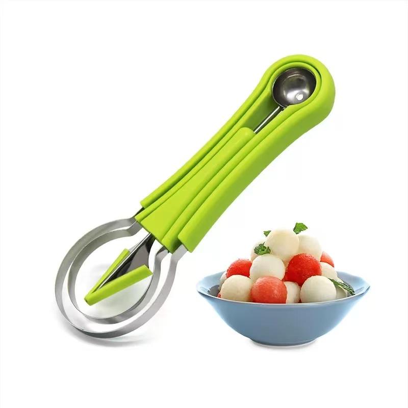 3-in-1 Stainless Steel Vegetable Fruit Cutter Set - Multifunctional Kitchen Utensil with Auto-Spinning Slicer, Melon Baller Scoop, Watermelon Cutter, Seed Remover for Fruit Salad, Party Prep,home essentials
