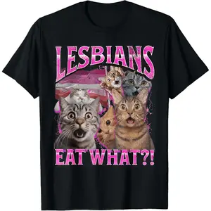 100% Cotton Lesbians Eat What?! Funny Cat Gay Pride LGBTQ Pun T-Shirt