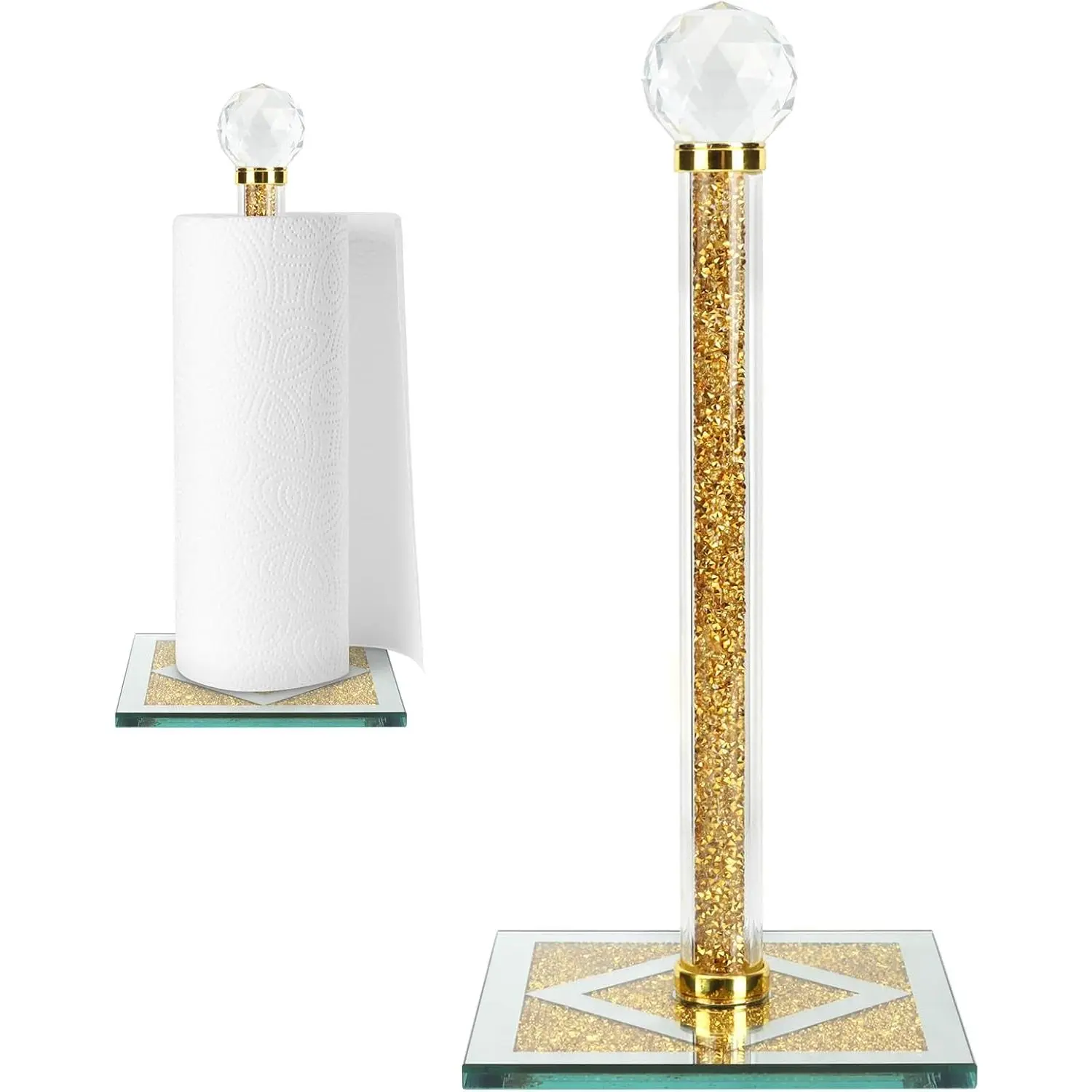 Gold Countertop Paper Towel Holder Stand - Glamorous Bathroom Kitchen Home Accessory, Crystals Crushed Diamond-Filled Cube Base, Easy-to-Use Slide-On Reload & Lift Knob, Heavy Weight Bling Luxury Dispenser