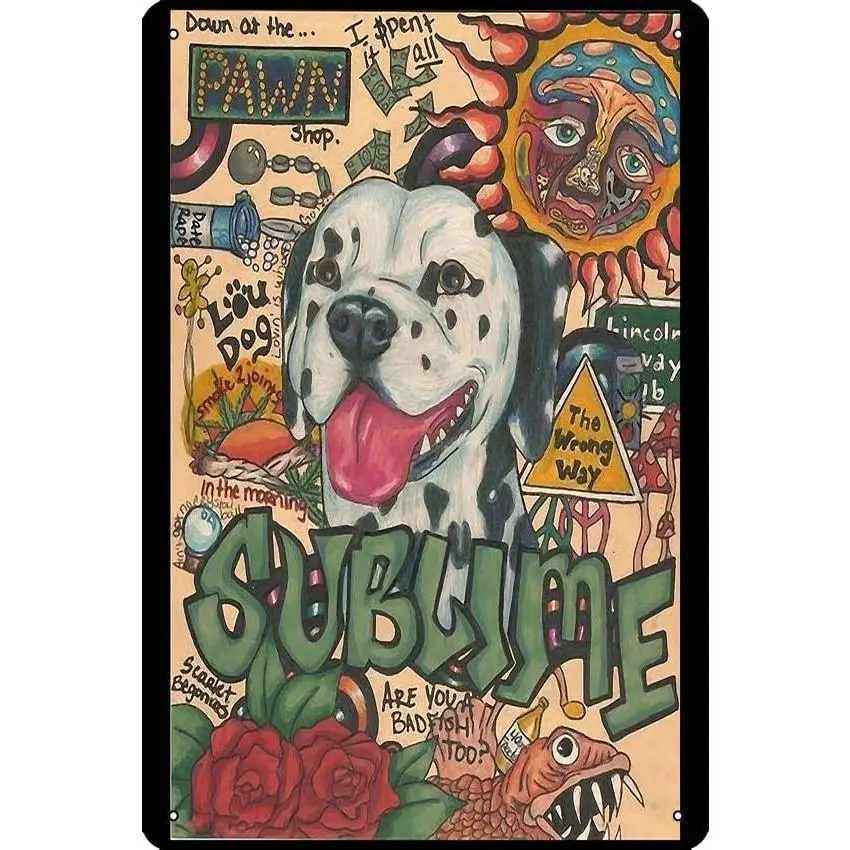 Vintage Sublime Lou Dog Print Metal Tin Sign - 8x12 in Wall Art Painting, Bright Home Decoration, Wipe-Clean Easy-Install Wall Decor for Living Room, Bar
