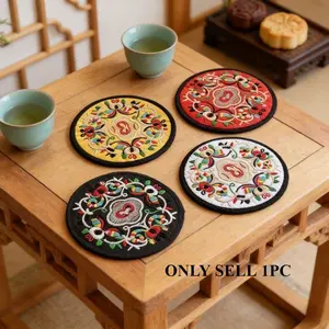 Chinese Traditional Style Embroidered Cup Mat Coasters, Handmade Floral Craft, Floral Pattern Placemat, Heat Insulation Pad, Perfect Gift for Overseas Travel, Tea Cup Cushion Bowl Pad