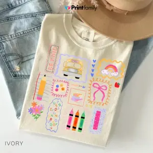 Comfort Colors Trendy Teacher Shirt, Colorful Doodle Back To School Shirt, Preppy Coquette School T-shirt, Girly Pink Bow Tee, Teacher Gifts women back to schools shirt - Printfamily