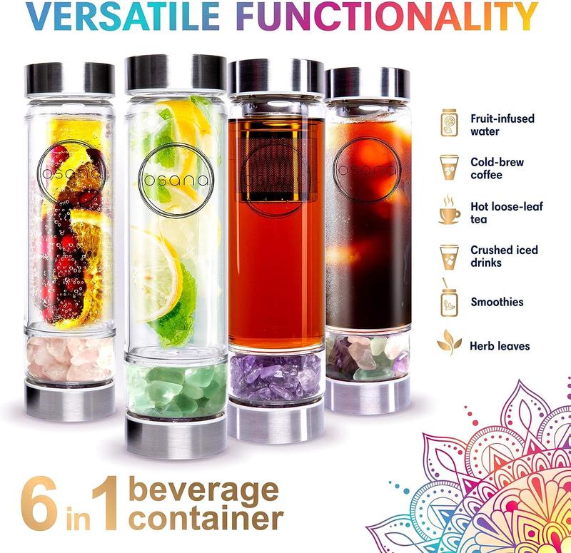OSANA Crystal Water Bottle with 3 Changeable Healing Crystals – Amethyst, Rose Quartz, Green Fluorite – Loose Leaf Tea Bottle – Gem Elixir Infused Glass Water Bottle - 16.9 oz