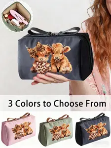 Highland Cow Print Linen Makeup Bag, Cute Bow Leopard Design, Large Capacity Storage Pouch, Makeup Organizer, Commuter Bag, Gift for Women, Travel Cosmetic Bags