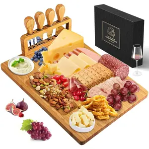 Bamboo Cheese Board Set - Charcuterie Boards and Serving Meat Platter, Cheese Tray with 4 Stainless Steel Cheese Knives Cutting Board Platter, Ideal for Halloween, Wedding, Christmas Gifts Cutlery Square