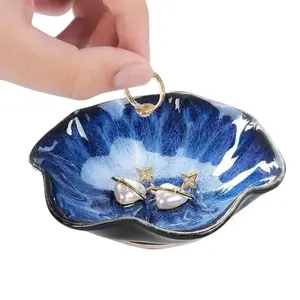 Lotus Leaf Shape Ceramic Trinket Tray Jewelry Dish Organizing Necklace Earrings - Blue vitamin organizer Plates Bowl