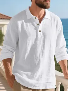 Men's Fall Outfits Solid Color Linen Polo Shirt for Daliy Wear,Old Money Half Button Front Pullover, Casual Fashion Long Sleeve Top, Comfortable and Stylish, Essential for Man's Wardrobe.