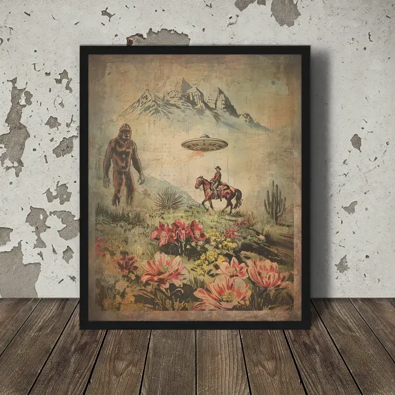 SASQUATCH UFO COWBOY Western Wall Art Cactus Flower Poster No Frame, Retro Bigfoot Home Decor Flying Saucer Alien Horse Desert Retro Sci-fi Gift wall art decor Glossy Print