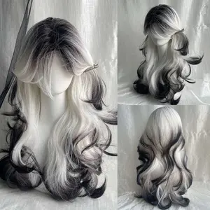 Long Black Ombre White Wig Fluffy Heat-Resistant Cosplay Wig Soft Wavy Design for Lolita Fashion & Anime Characters