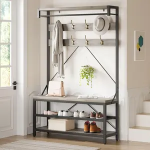 Garvee Shoe Storage Shelf, hallway cabinet with bench, clothes hanger with 8 hooks and shelf, 102 x 40 x 183 cm, wardrobe, for hallway, bedroom, industrial style, gray