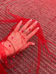 Red Tulle Bead Pearl Lace Fabric