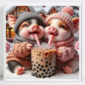 Cute Piggy Drink Milk Tea Pattern DIY Diamond Arts Colorful Painting Kit without Frame, 5D Diamond Decor Painting Kit, Wall Art Decor for Home Living Room